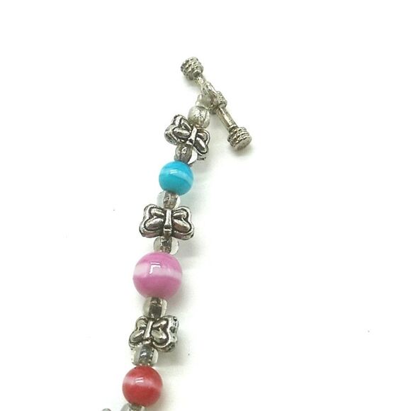 Colorful Rainbow Glass Beaded Toggle Bracelet-Anklet w Silver-tone Butterflies - Picture 5 of 15